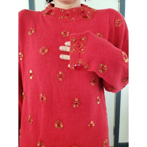 80s Red and Gold Beaded‎ Sweater - Picture 4 of 5